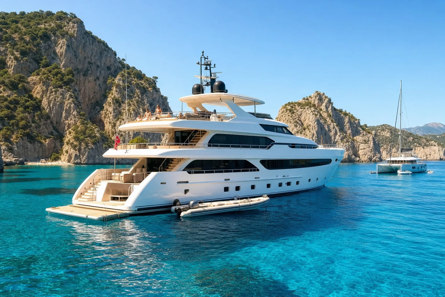 A crewed charter yacht at anchor in a turquoise bay with a tender alongside